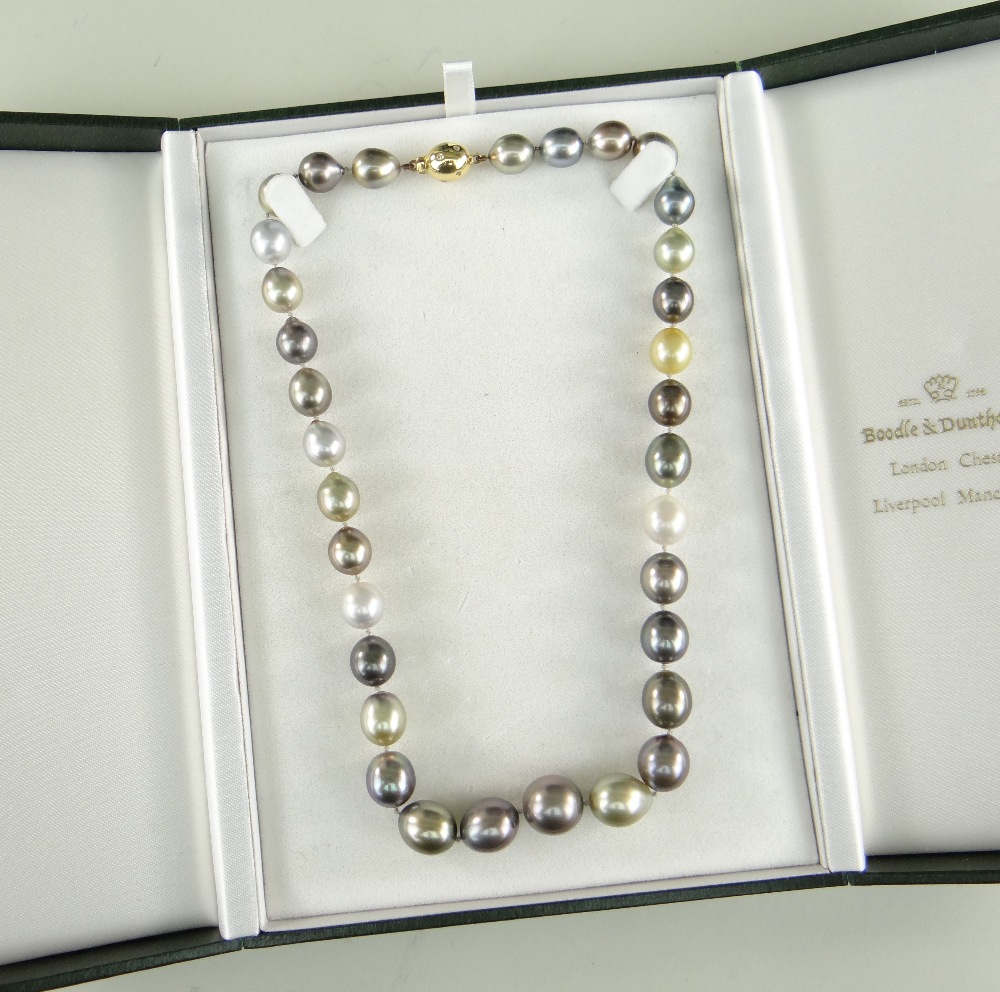 TAHITIAN SOUTH SEA PEARL NECKLACE with 18ct gold diamond set oval ball clasp, 33 mixed natural