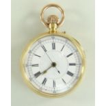 18k GOLD OPEN FACED CHRONOGRAPH POCKET WATCH having stepped enamel dial with Roman numeral chapter