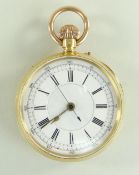 18k GOLD OPEN FACED CHRONOGRAPH POCKET WATCH having stepped enamel dial with Roman numeral chapter