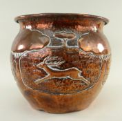 ARTS & CRAFTS COPPER CACHE POT BY JOHN PEARSON, repousse-decorated with running stags beneath