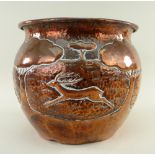 ARTS & CRAFTS COPPER CACHE POT BY JOHN PEARSON, repousse-decorated with running stags beneath