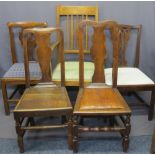 FOUR ANTIQUE OAK SIDE CHAIRS and a vintage oak armchair, various styles, dates and measurements