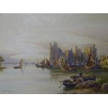 STUART LLOYD watercolour - Caernarfon Castle and Harbour with numerous boats and figures, signed, 50