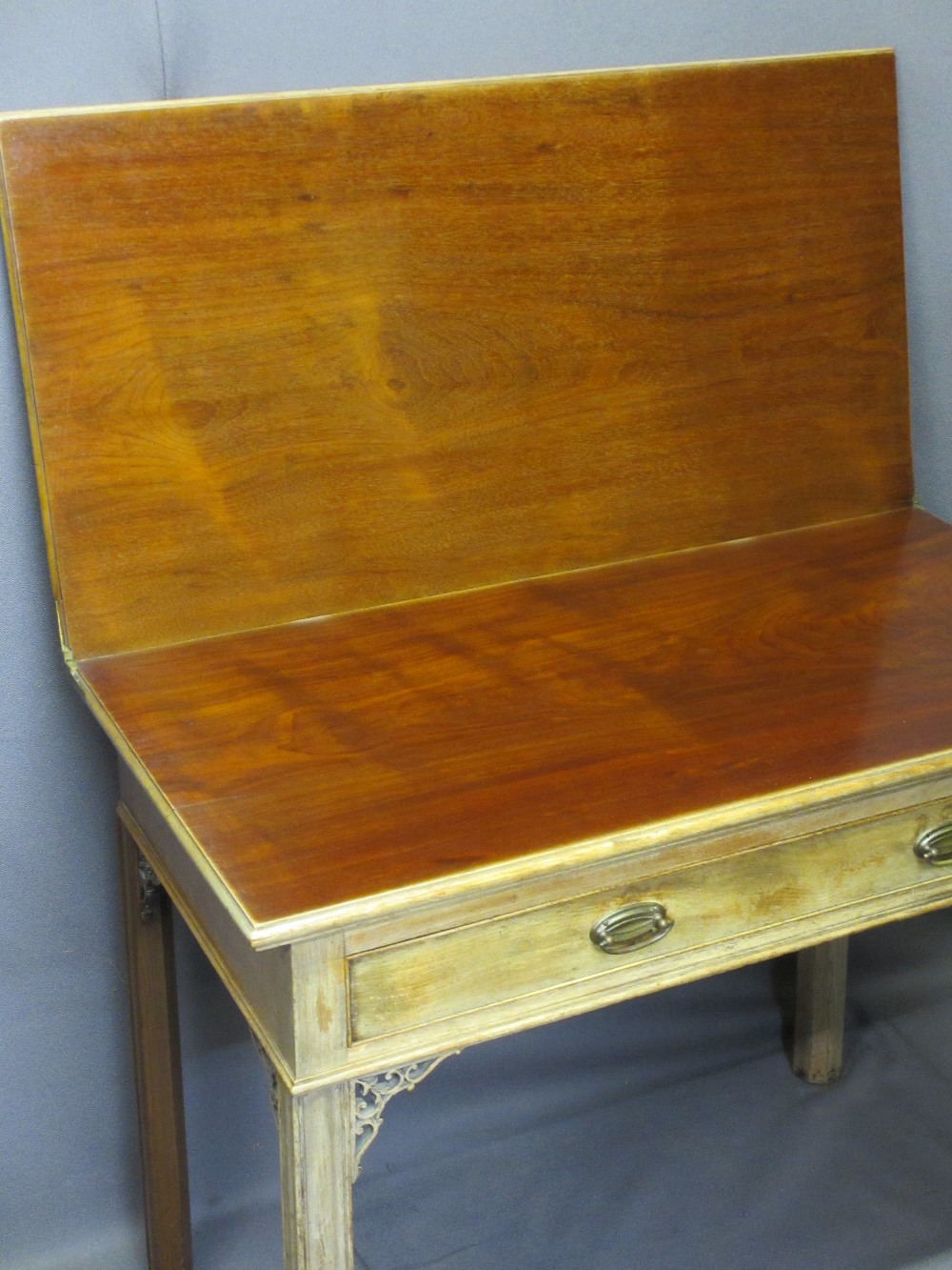 REGENCY MAHOGANY FOLD-OVER TEA TABLE having a single frieze drawer and pierced corner decoration - Image 3 of 3