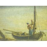 UNSIGNED OIL ON PANEL - fisherman in boat, ref verso George Morland 'Coast Scene', 11.5 x 17cms