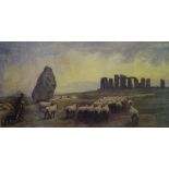 EDGAR BARCLAY coloured print - Stonehenge with farmer, dog and flock of sheep (originally sold in