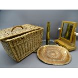 VINTAGE WALL MIRROR, lidded wicker basket with copper and brassware contents, stripped wooden