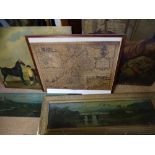 TWO PAINTED SLATE PANELS, Naive oil on canvas of a Smithy 1872 with other pictures and prints