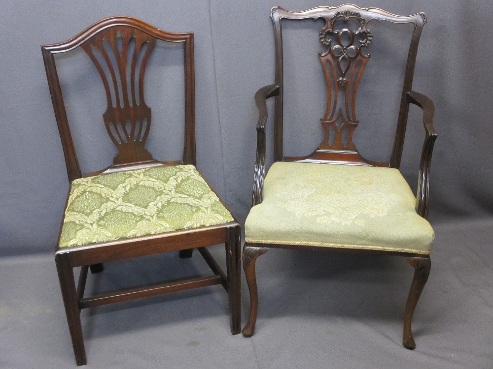 CHIPPENDALE STYLE MAHOGANY ELBOW ARMCHAIR and a single mahogany side chair with pierced and shaped