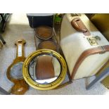REGENCY STYLE BOBBLE CONVEX MIRROR, oak cake stand, vintage suitcase and a banjo wall barometer