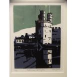 ANN LEWIS limited edition 2/20 lino cut - entitled 'Reflections Caernarfon', signed, 21 x 16cms