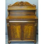 VICTORIAN MAHOGANY CHIFFONIER with carved detail to the top rail and shelf supports on a single