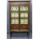 EDWARDIAN INLAID CHINA DISPLAY CABINET having twin glazed doors with inlaid lower panel detail,