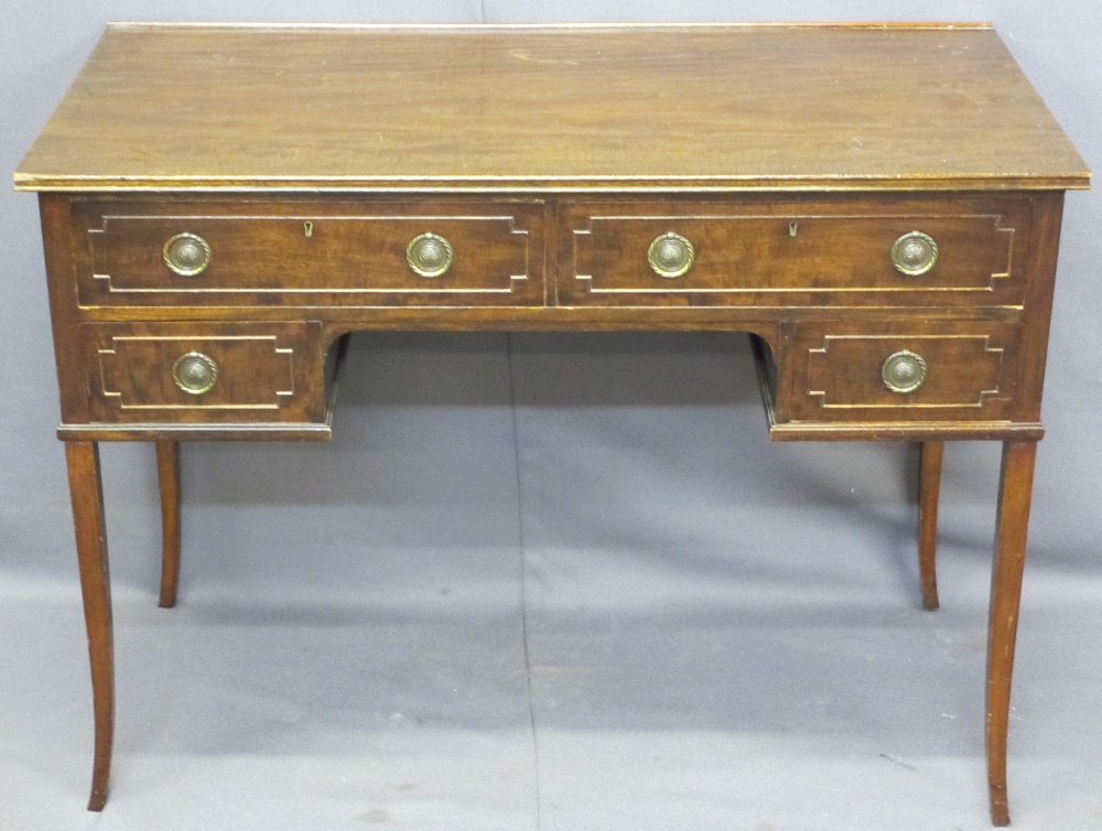 REPRODUCTION MAHOGANY DESK, rectangular top over two long drawers and two smaller with brass ring