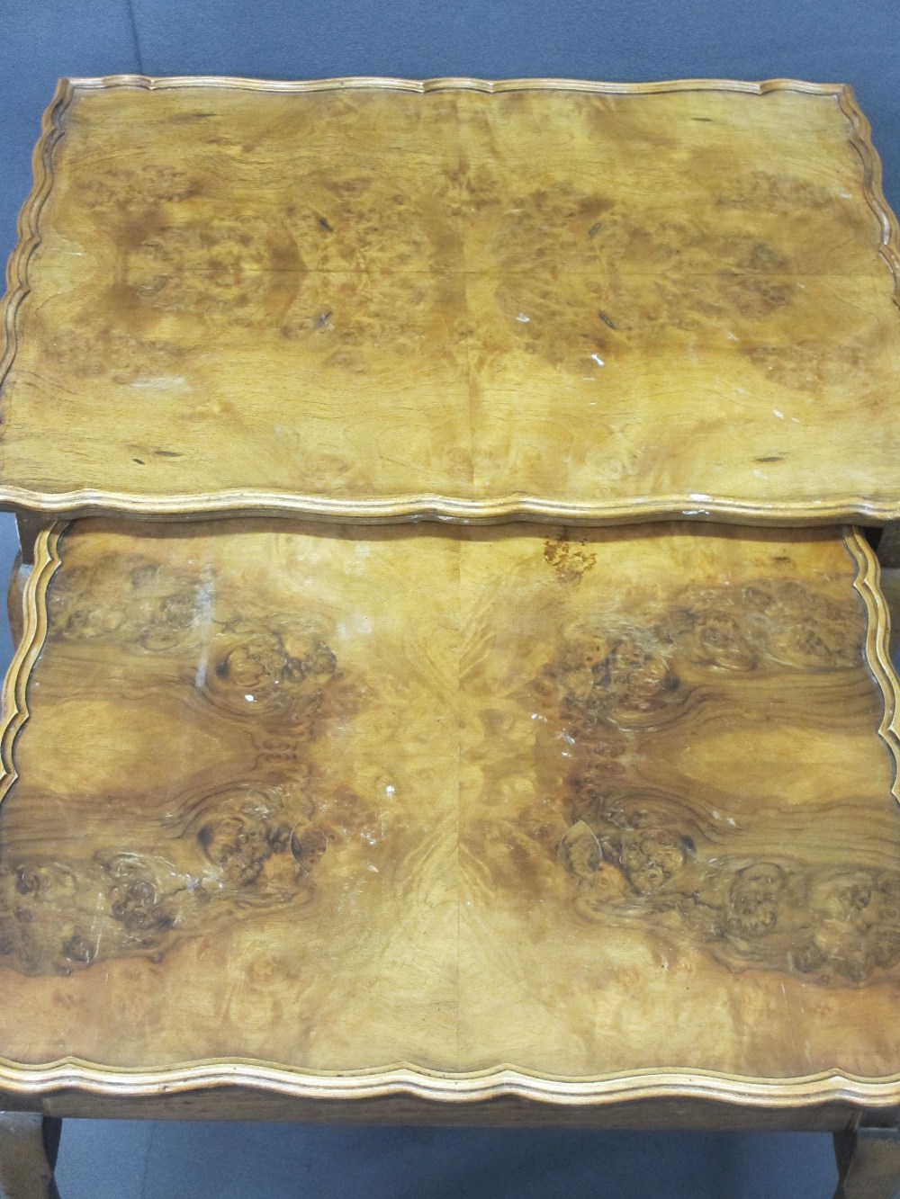 TEAK CHEST of three drawers and two burr walnut veneer side tables, one having lift-up lid with - Image 3 of 3