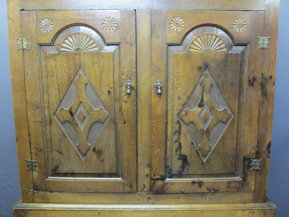 CIRCA 1800 CARVED OAK PRESS CUPBOARD with fan detail and Gothic type crosses on shaped and chamfered - Image 2 of 7