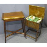 EDWARDIAN MAHOGANY FOLD OVER CARD TABLE and a vintage oak sewing box and contents on barley twist