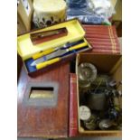 MIXED GROUP OF COLLECTABLES to include a vintage wooden till, decorative brass and other