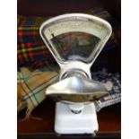 VINTAGE AVERY SHOP SCALES and two vintage woollen throws ETC