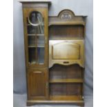 OAK ARTS & CRAFTS COMBINATION BUREAU, bookcase, cabinet having a shaped and pierced back rail