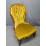 VICTORIAN MAHOGANY BUTTON BACK UPHOLSTERED SPOON BACK SALON CHAIR, 91cms H, 60cms W, 47cms seat