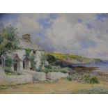W NOEL JOHNSON watercolour - coastal cottages at Cemaes Bay, Anglesey, signed and entitled, label