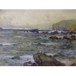 JAMES HUGHES CLAYTON watercolour - coastal rough seas with distant yachts, 33 x 65cms