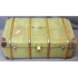 VINTAGE WOODEN BANDED TRAVEL TRUNK with brass lock and clasp, named to the top 'M C Jones', 33cms H,