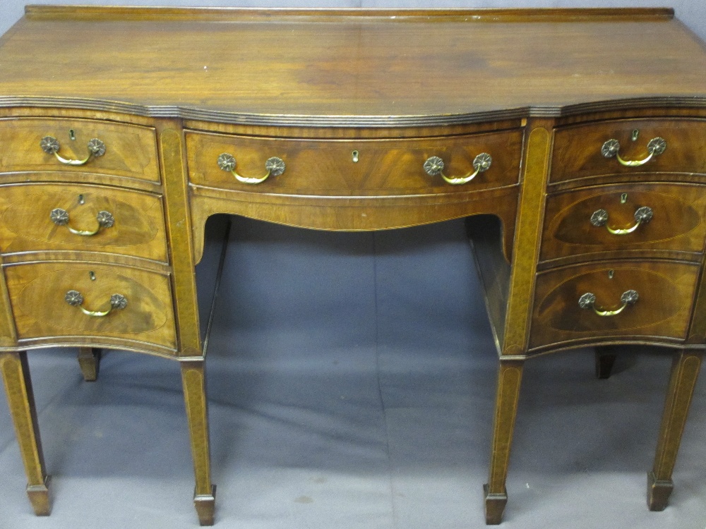 REGENCY STYLE SERPENTINE FRONT LINE INLAID SIDEBOARD, the shaped top with reeded edging over a