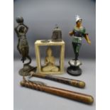 VINTAGE TYPE WOODEN TRUNCHEONS, two spelter figurines and other collectables