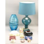 ART FORM BLUE GLASS VASE and a stylish glass table lamp, selection of Limoges and other pill boxes