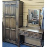 PRIORY STYLE OAK TWO-PIECE BEDROOM SET comprising single door wardrobe with carved linen fold