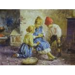 LUIGI MORELLO watercolour - interior scene, three children, two of whom keenly watching a bird