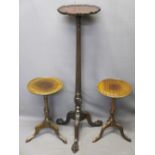 REPRODUCTION MAHOGANY TORCHERE STAND and two wine tables, 113cms H with reeded column and carved