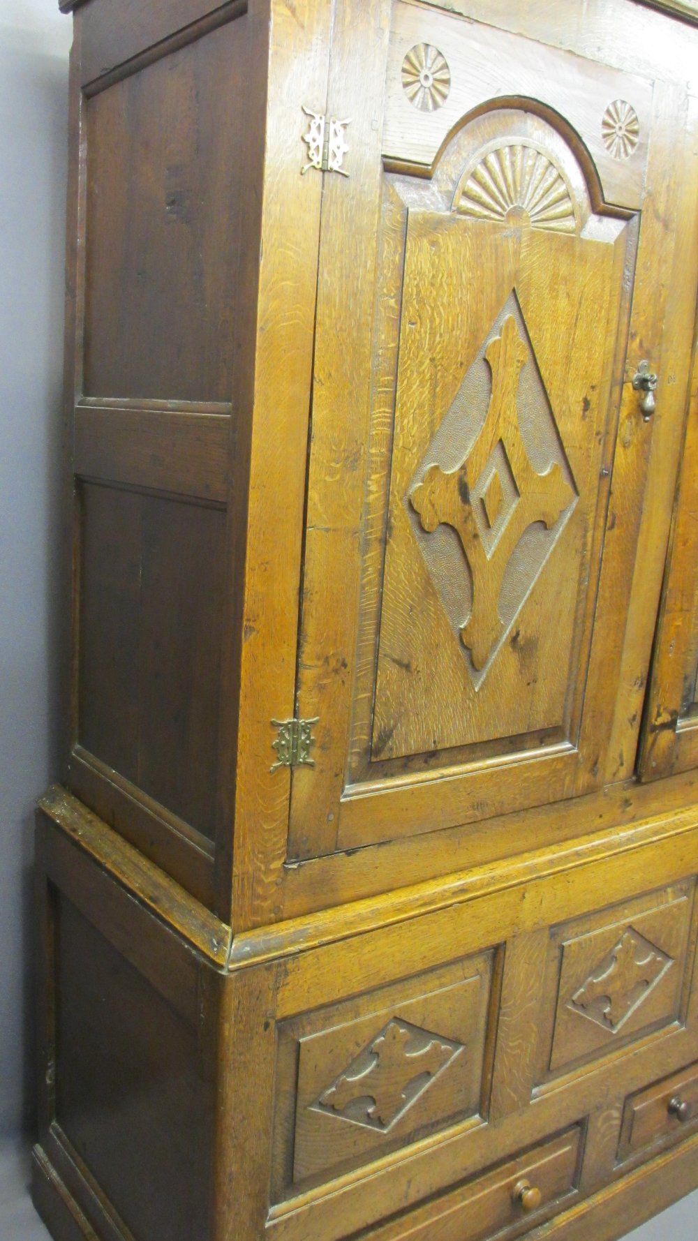 CIRCA 1800 CARVED OAK PRESS CUPBOARD with fan detail and Gothic type crosses on shaped and chamfered - Image 4 of 7