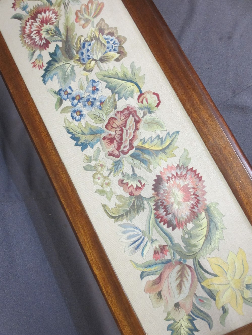 FLORAL TAPESTRY INSET MAHOGANY LONG TABLE on cabriole supports, set of three mahogany occasional - Image 2 of 3