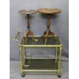 BRASS EFFECT WITH SMOKEY GLASS SHELF TWO-TIER TROLLEY and two vintage style mahogany wine tables,