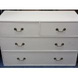 CREAM PAINTED, PROBABLY OAK CHEST of two short over two long drawers with brass swan neck handles,
