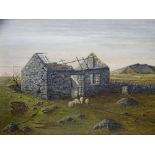 I PHYLIP JONES oil on board - Caernarvonshire upland landscape with ruined cottage and sheep