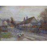 ALBERT W AYLING RCA watercolour - attractive rural landscape with thatched cottages and geese on a