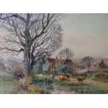 HENRY CHARLES FOX watercolour - pastoral scene with cattle watering by a farmstead and geese in a