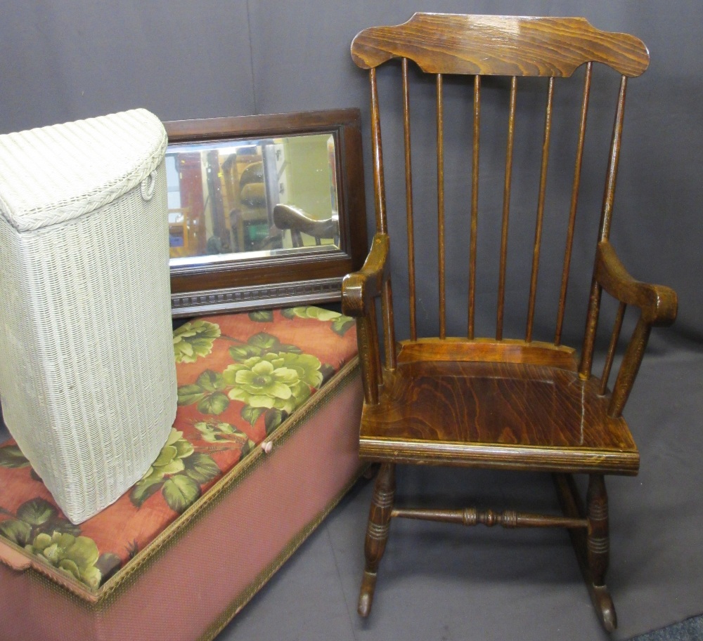 VINTAGE STYLE SPINDLE BACK ROCKER, two items of Lloyd Loom type furniture to include a pink colour