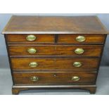 NEAT ANTIQUE MAHOGANY CHEST of two short over three long drawers, pine lined with cock beaded