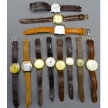 11 GENTLEMAN'S WRISTWATCHES on brown leather straps including two with 9ct gold cases, one marked