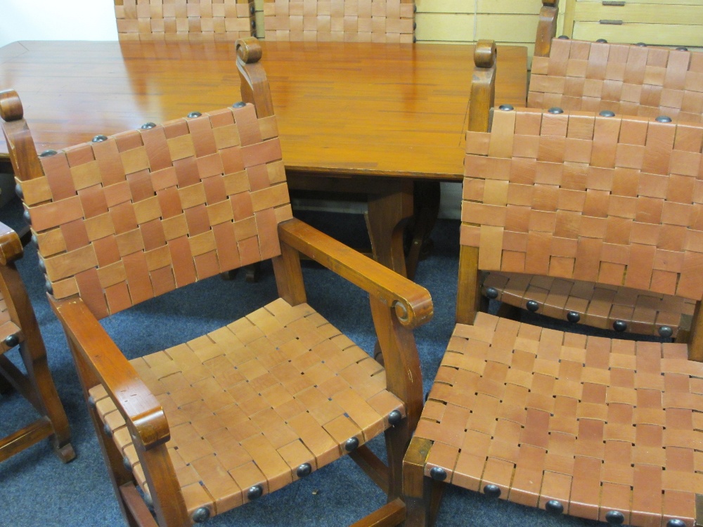 MODERN YEW WOOD DINING TABLE & SIX (4 + 2) DINING CHAIRS having leather lattice design seats and