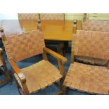MODERN YEW WOOD DINING TABLE & SIX (4 + 2) DINING CHAIRS having leather lattice design seats and