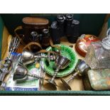 MIXED COLLECTABLES to include toffee tins, Carl Zeiss 7 x 50 binoculars, a Paris pair by L Petit,