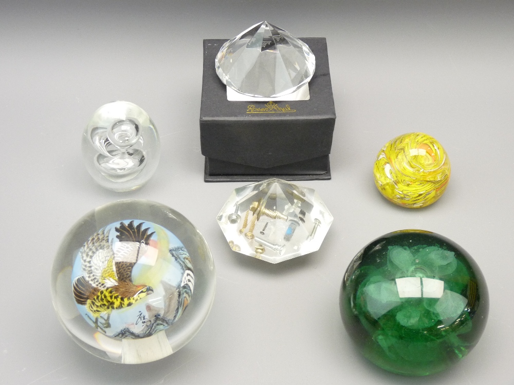 VICTORIAN GREEN GLASS DUMP and other interesting glass paperweights including a Chinese interior