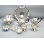 FOUR PIECE EPNS TEA SERVICE, non-associated circular tray, bread basket and other plated ware
