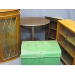 FURNITURE ASSORTMENT - glass door mid-century bookcase, metal trunk, display cabinets (2) and an